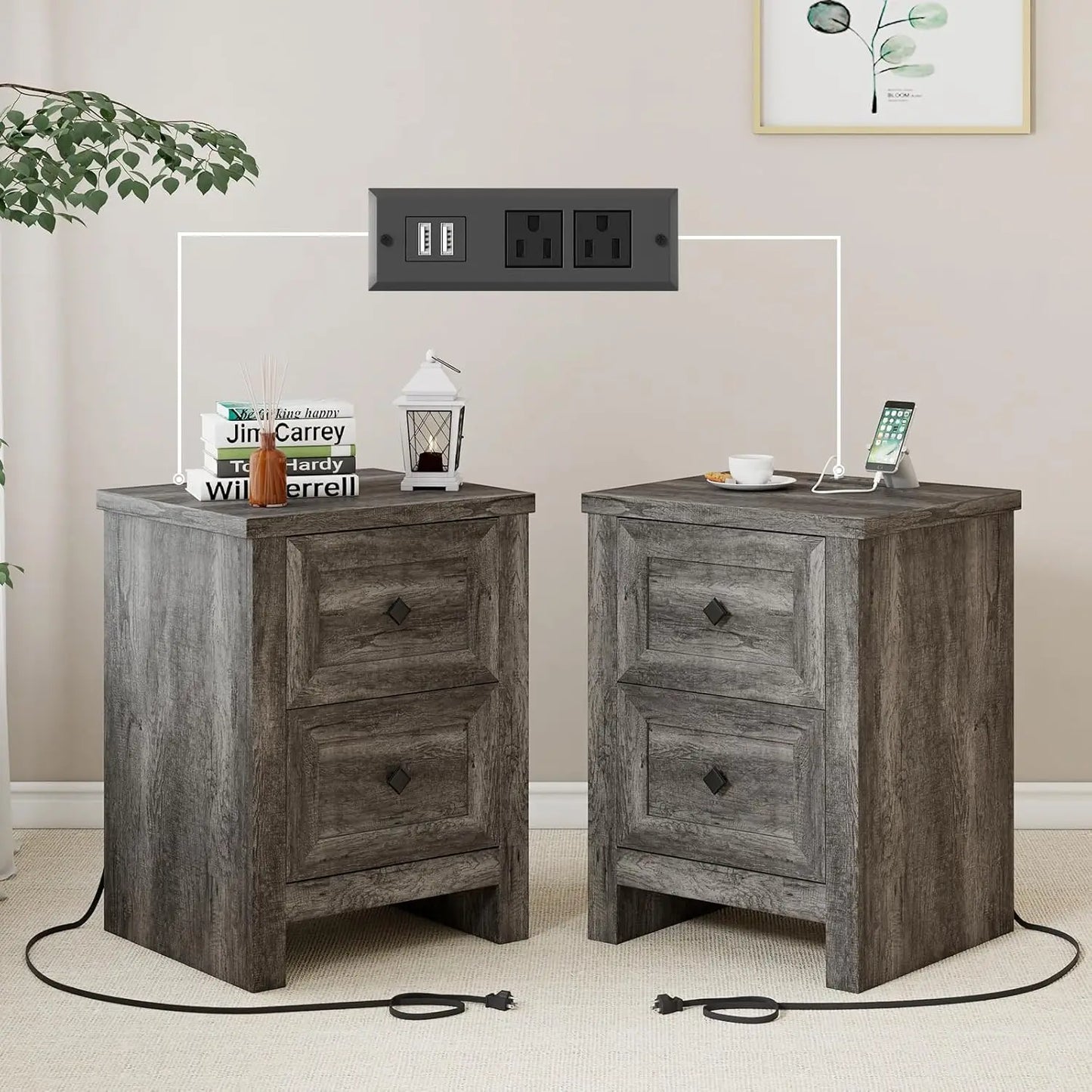 LAILA Nightstand Set of 2 - 17.7" Wide Wood End Table with Charging Station & Storage Drawers