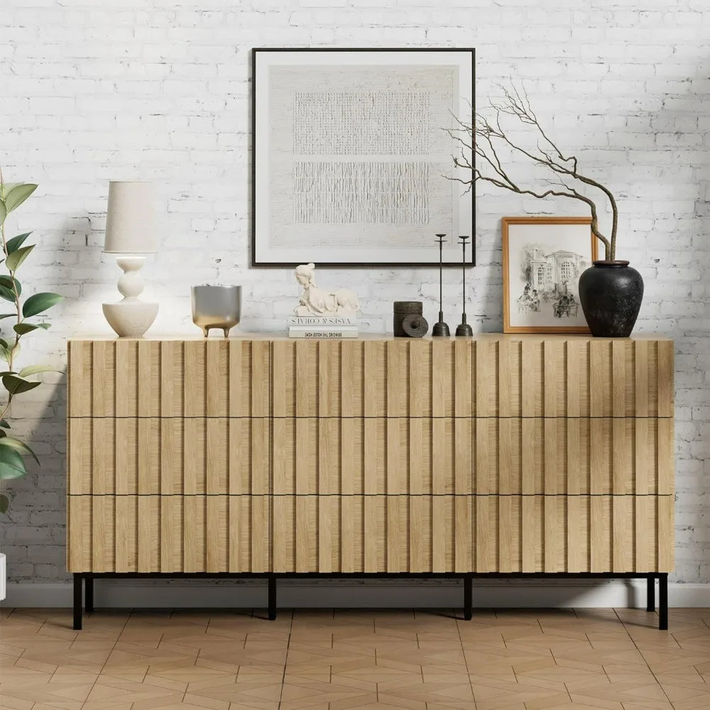 ROWAN Mid-Century Modern Fluted 9 Drawer Dresser - 59" Wide Wood Chest of Drawers