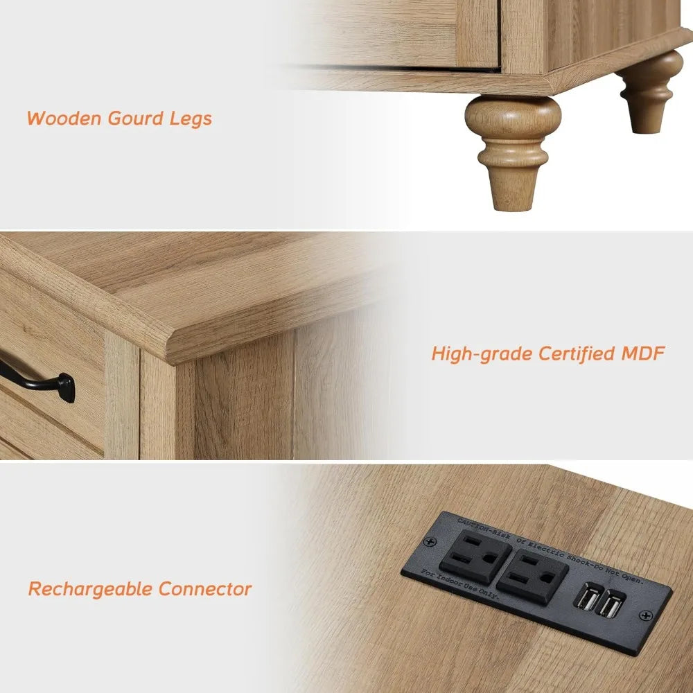 TESSA Wooden Nightstand Set of 2 - 2 Drawer Bedside Table with Charging Station
