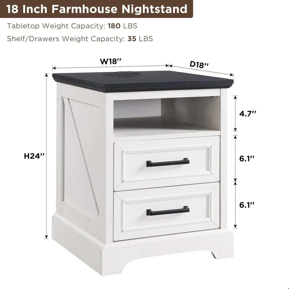 LEIGHTON Farmhouse Nightstand with Charging Station - 18'' Wide Wooden Bedside Table