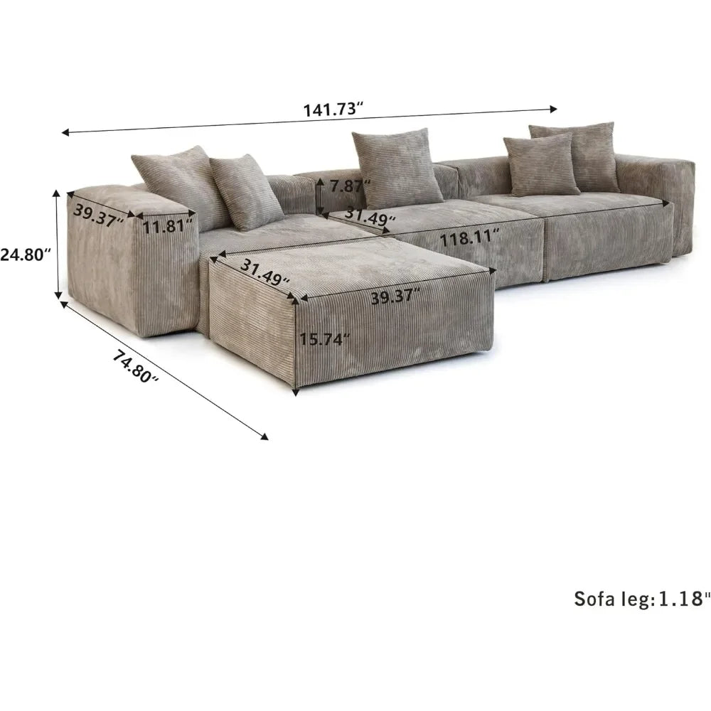 JESUS Modern Corduroy L-Shaped Modular Sectional Sofa – Oversized Couch with Ottoman, 141.73"W