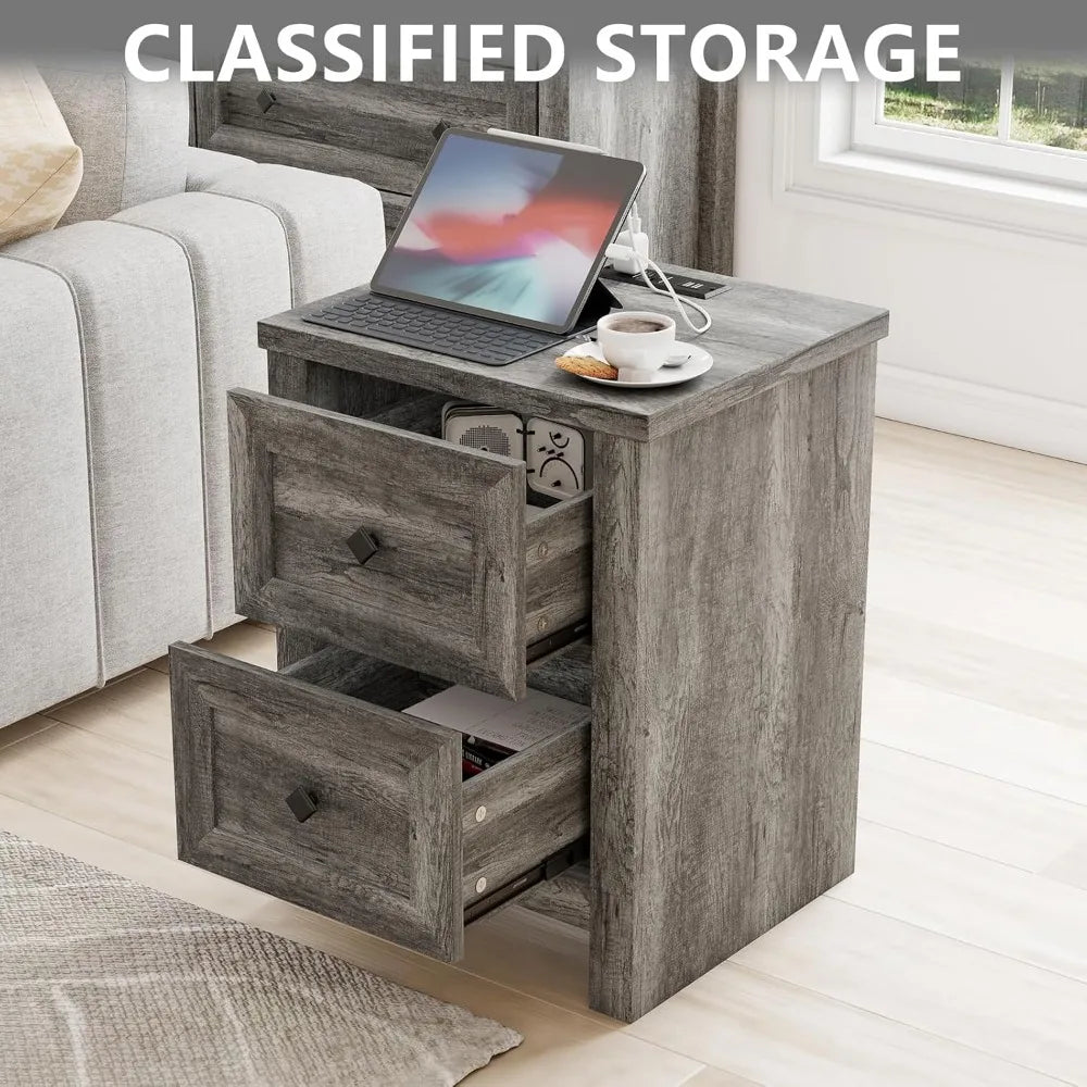 LAILA Nightstand Set of 2 - 17.7" Wide Wood End Table with Charging Station & Storage Drawers