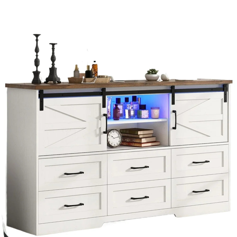 GRACIE Rustic Farmhouse 6-Drawer Dresser with LED Lights & Sliding Barn Doors