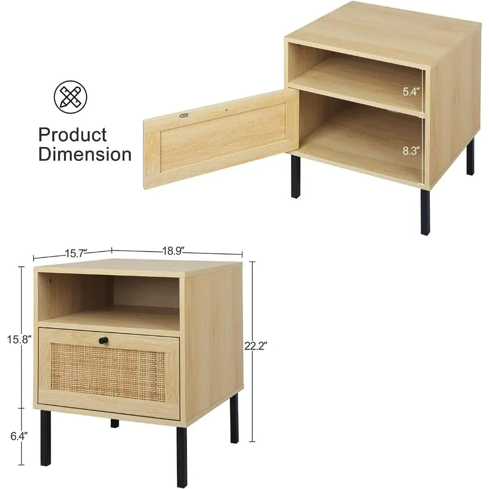 GISELLE Wooden Bedside Table with Metal Legs & Open Shelf - 18.9'' Wide