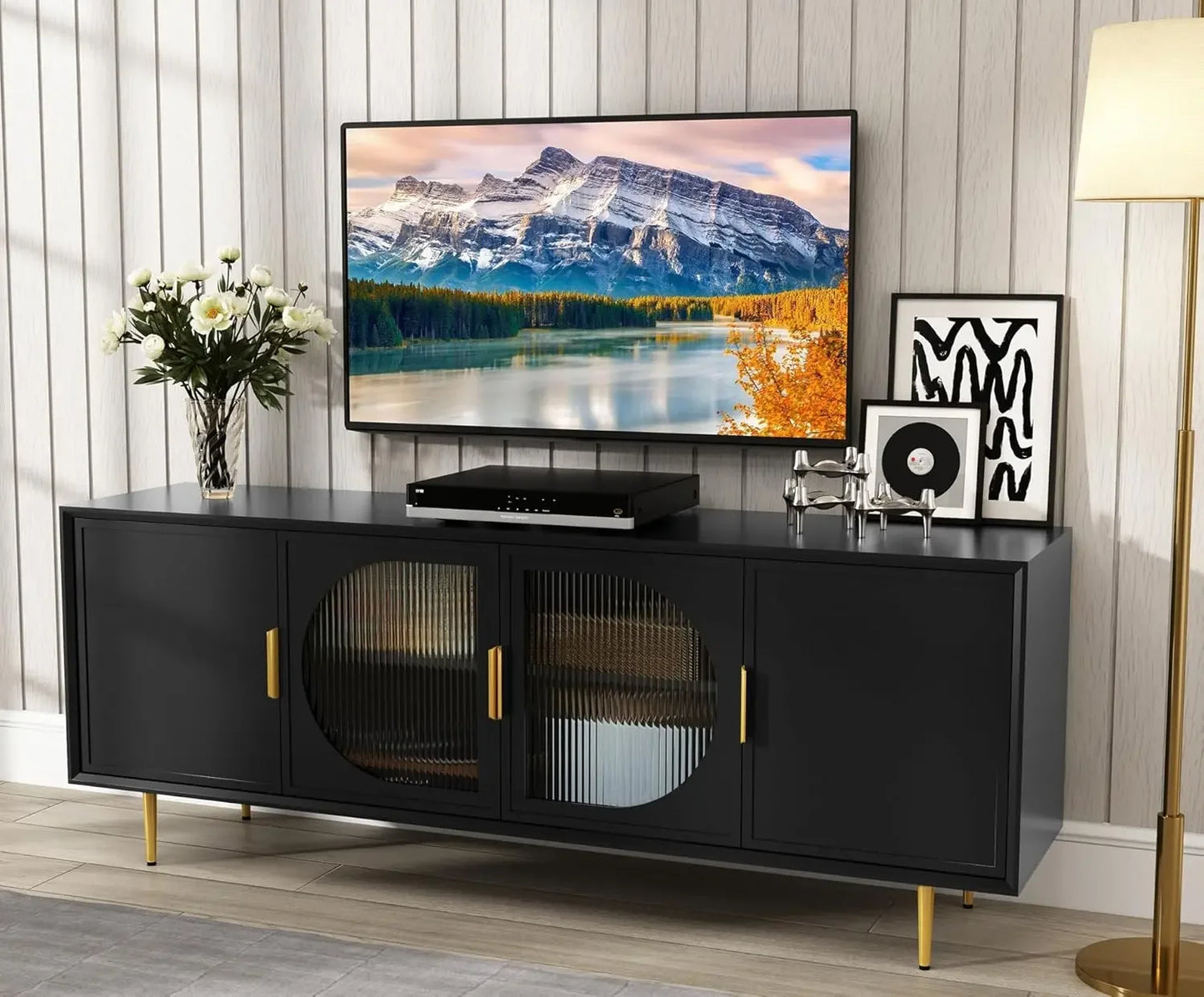 Modern TV Stand for TVs up to 70+ inch, Glass Door Television Console Table with Gold Leg, Entertainment Center with Storage