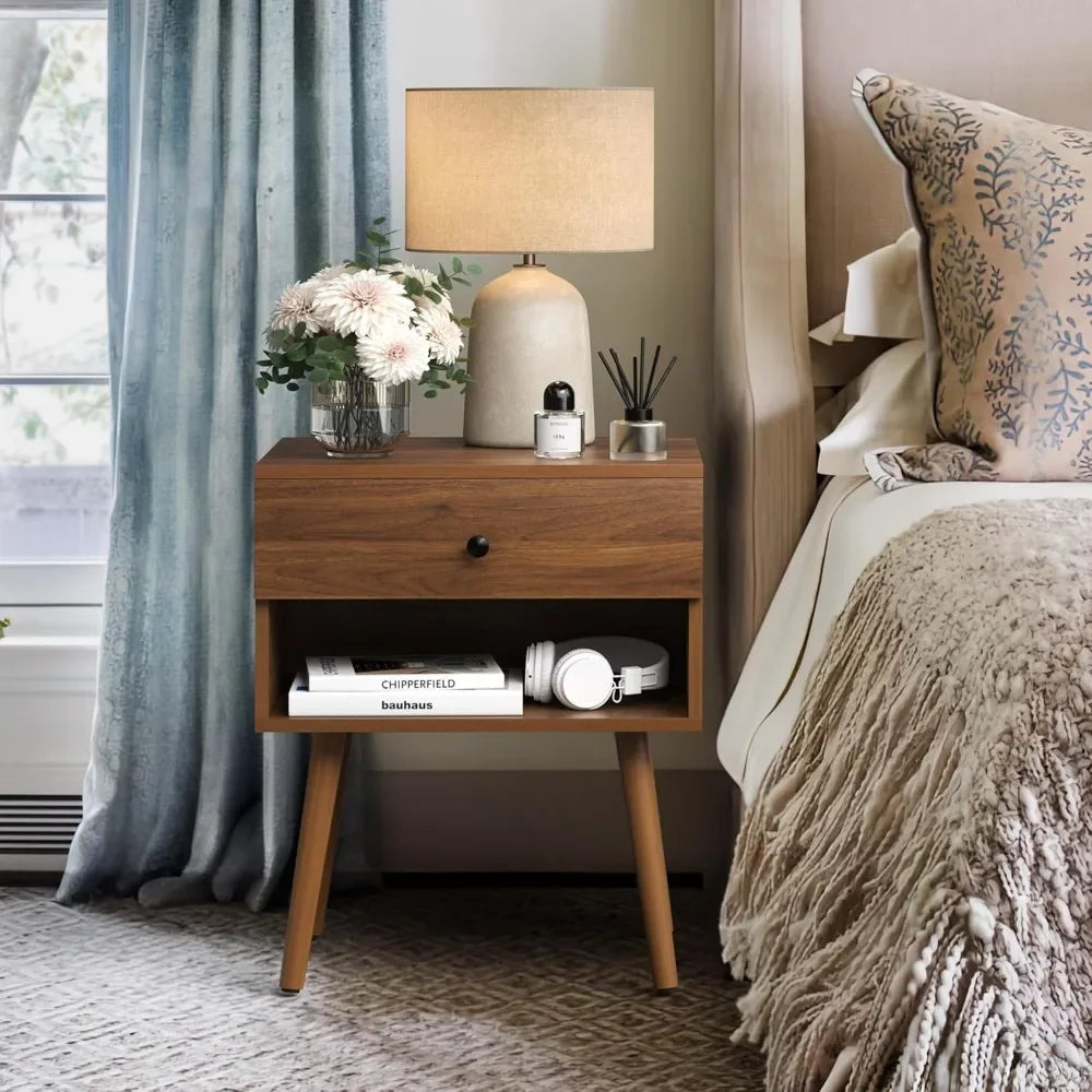 MYLAH Mid-Century Hidden Compartment Nightstand - 17.9'' Wide Bedside Table with Storage Drawer