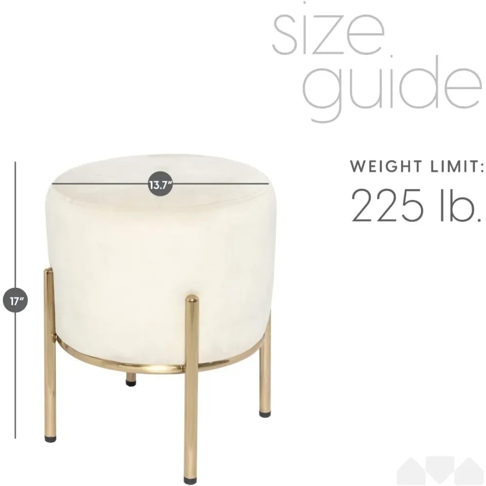 ZACHARY Upholstered Round Ottoman with Gold Metal Legs –14x17 W