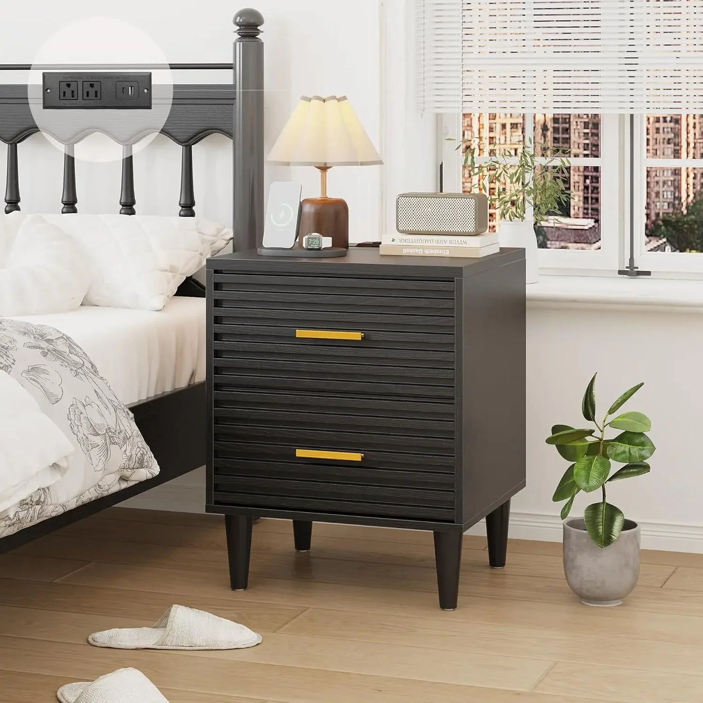 ALYSSA Modern Nightstand with Charging Station - 19" Wide Bedside Table with 2 Drawers