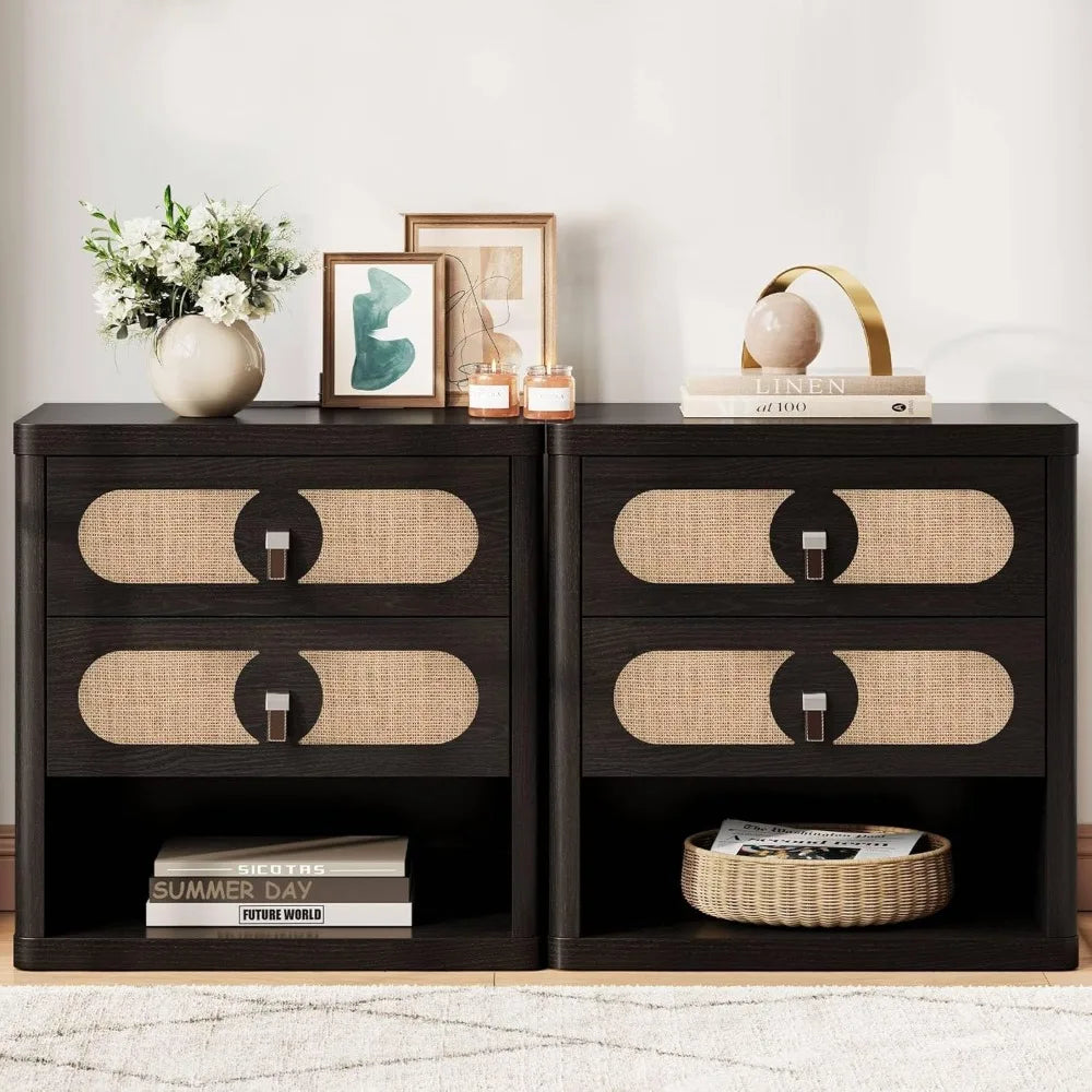 ANNABELLE Modern Linen-Decor Nightstand Set - 24'' Wide Bedside Table with Charging Station