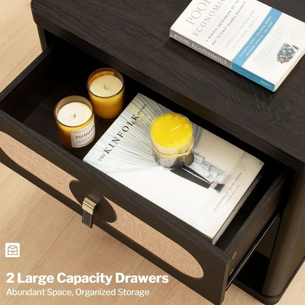 ANNABELLE Modern Linen-Decor Nightstand Set - 24'' Wide Bedside Table with Charging Station