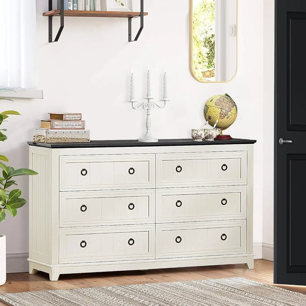 LONDYN Farmhouse 6-Drawer Wood Dresser - 54" Wide Rustic Storage Chest