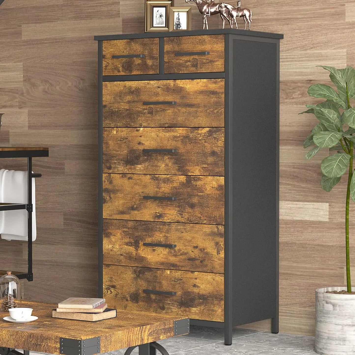 DAHLIA Rustic Industrial 7-Drawer Wood Storage Dresser - 47.2" Wide
