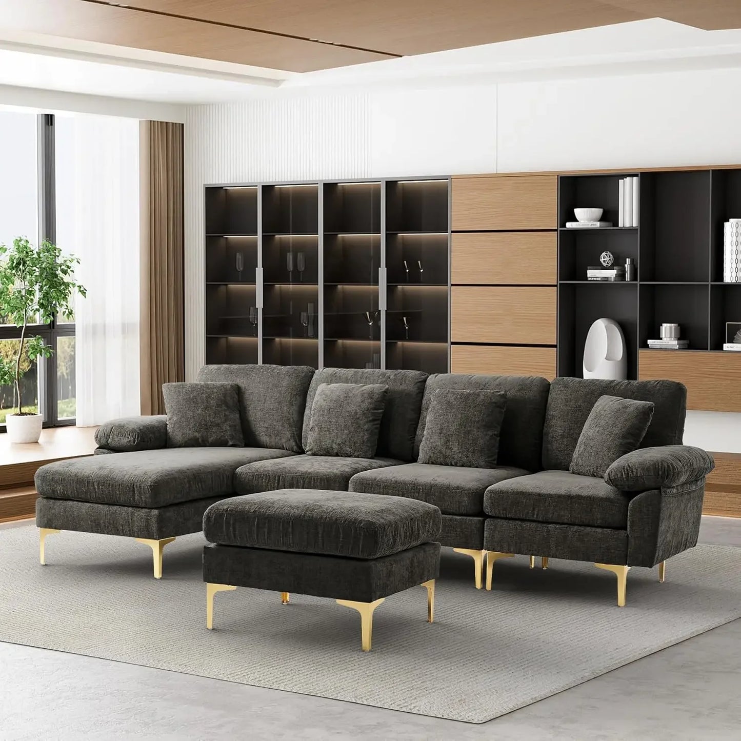 RYKER Modern Velvet U-Shaped Sectional Sofa with Chaise & Ottoman – Sectional Couch – 114.17" W