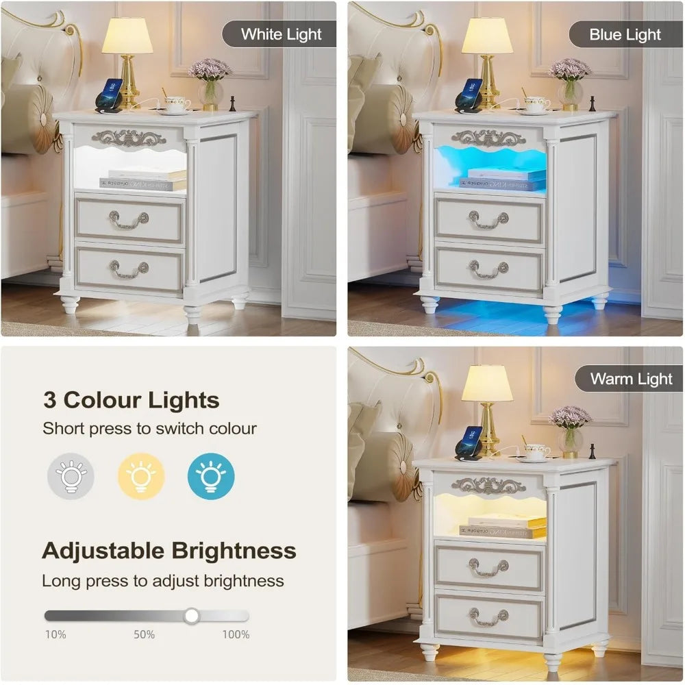 NICOLE Wooden Bedside Table with Wireless Charging & LED Lights - 24''
