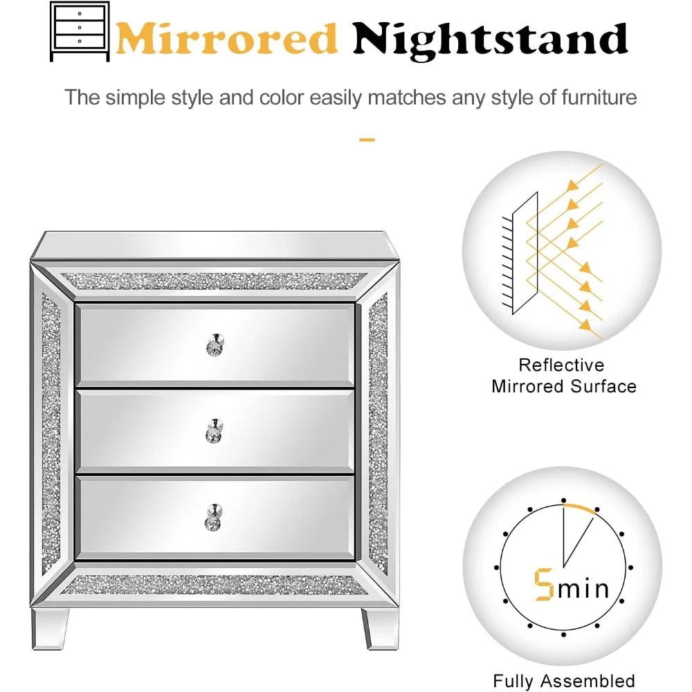 AMORA Glam Mirrored Nightstand – Modern Crystal-Trimmed End Table with 3 Drawers, 23" Wide