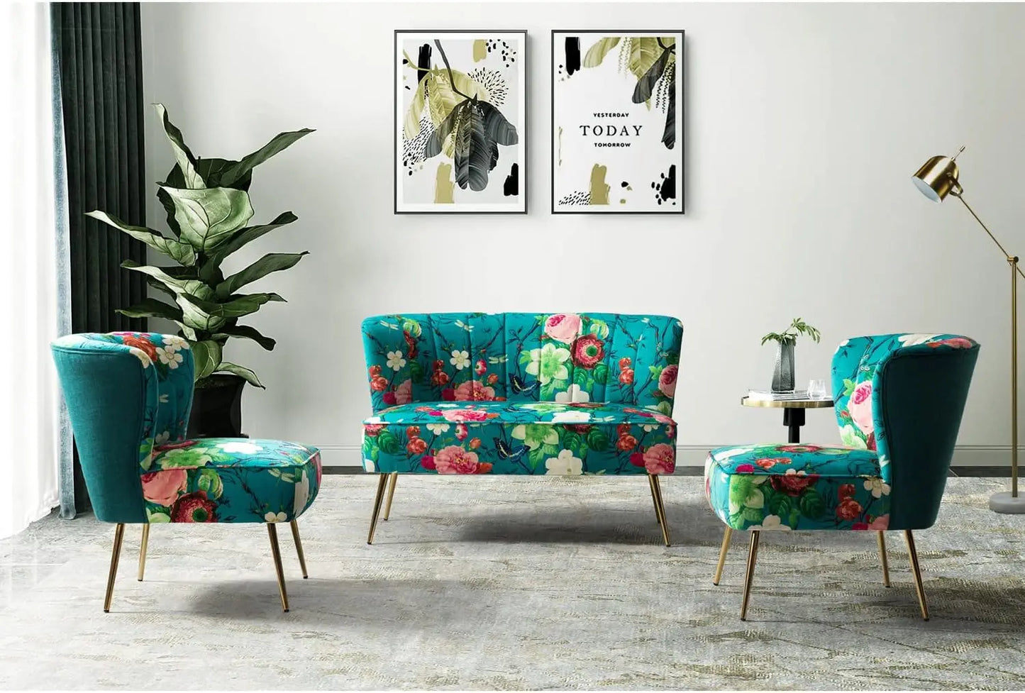 RUBY USA Loveseat Sofa – Modern Floral 2-Seat Armless Couch - 46.7" W