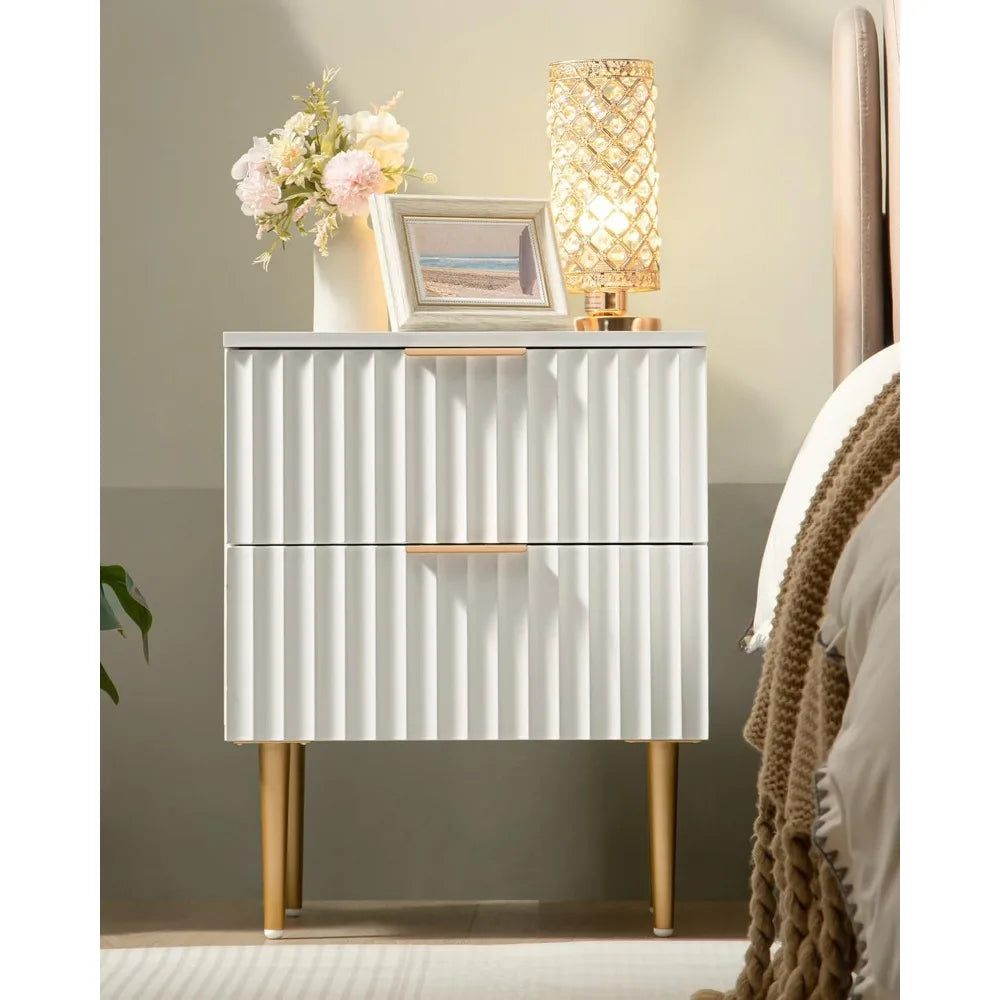 PHOENIX White Modern Fluted Nightstand with 2 Drawers - 24'' Wide