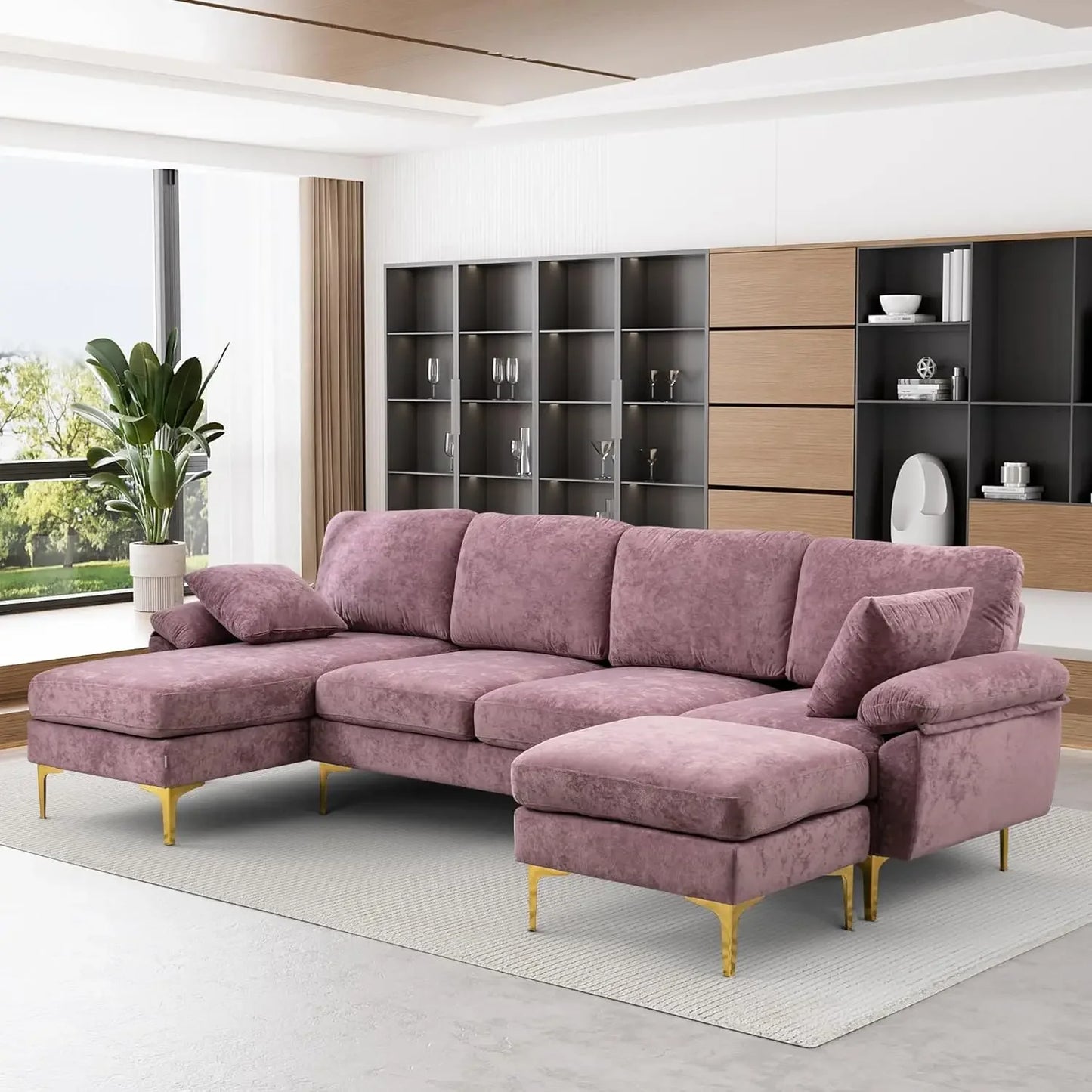 RYKER Modern Velvet U-Shaped Sectional Sofa with Chaise & Ottoman – Sectional Couch – 114.17" W
