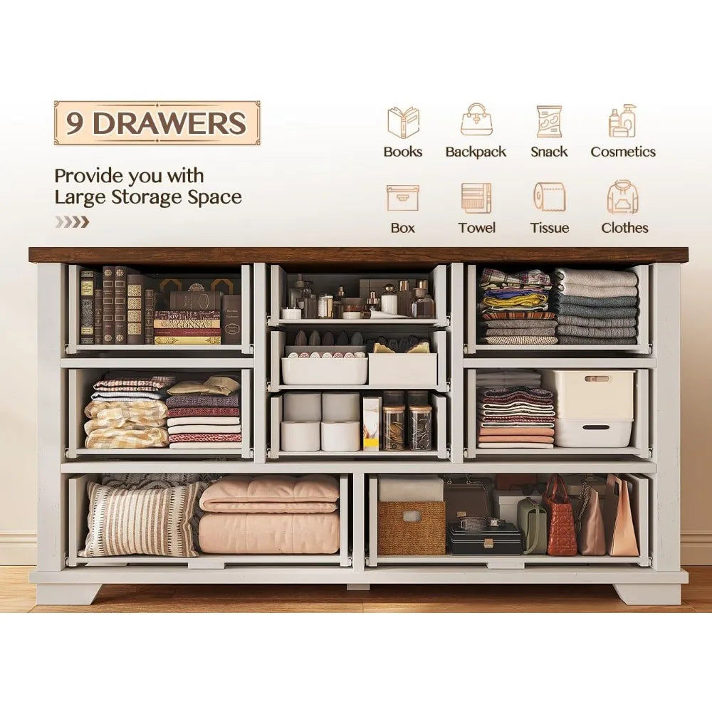 ARABELLA Farmhouse 9 Drawer Wood Dresser - Rustic Chest of Drawers, 52'' Wide