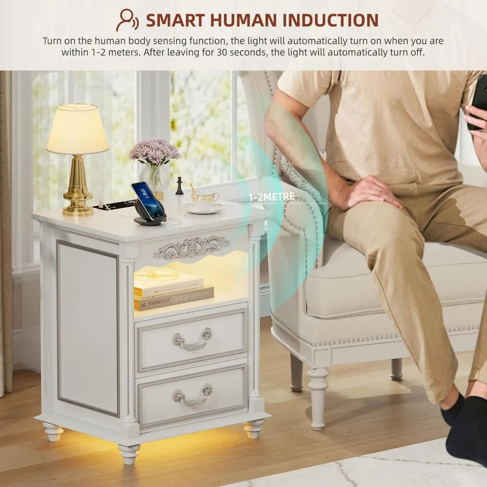 NICOLE Wooden Bedside Table with Wireless Charging & LED Lights - 24''