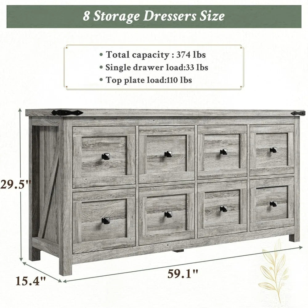 LILITH Rustic Farmhouse 8-Drawer Dresser - 59.1" Wide Wooden Chest of Drawers