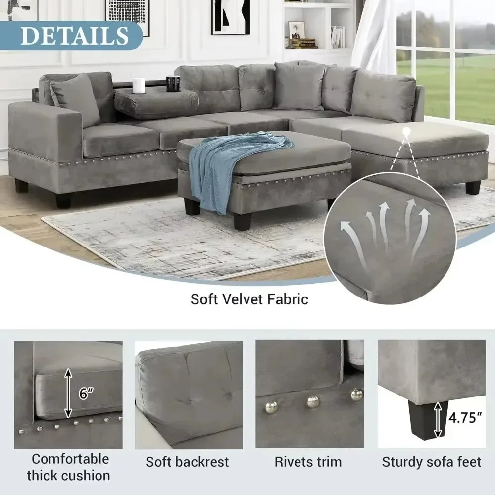 EVERETT ReversaMax Modern L-Shaped Sectional Sofa with Ottoman – Polyester Fabric Couch | 105″ W
