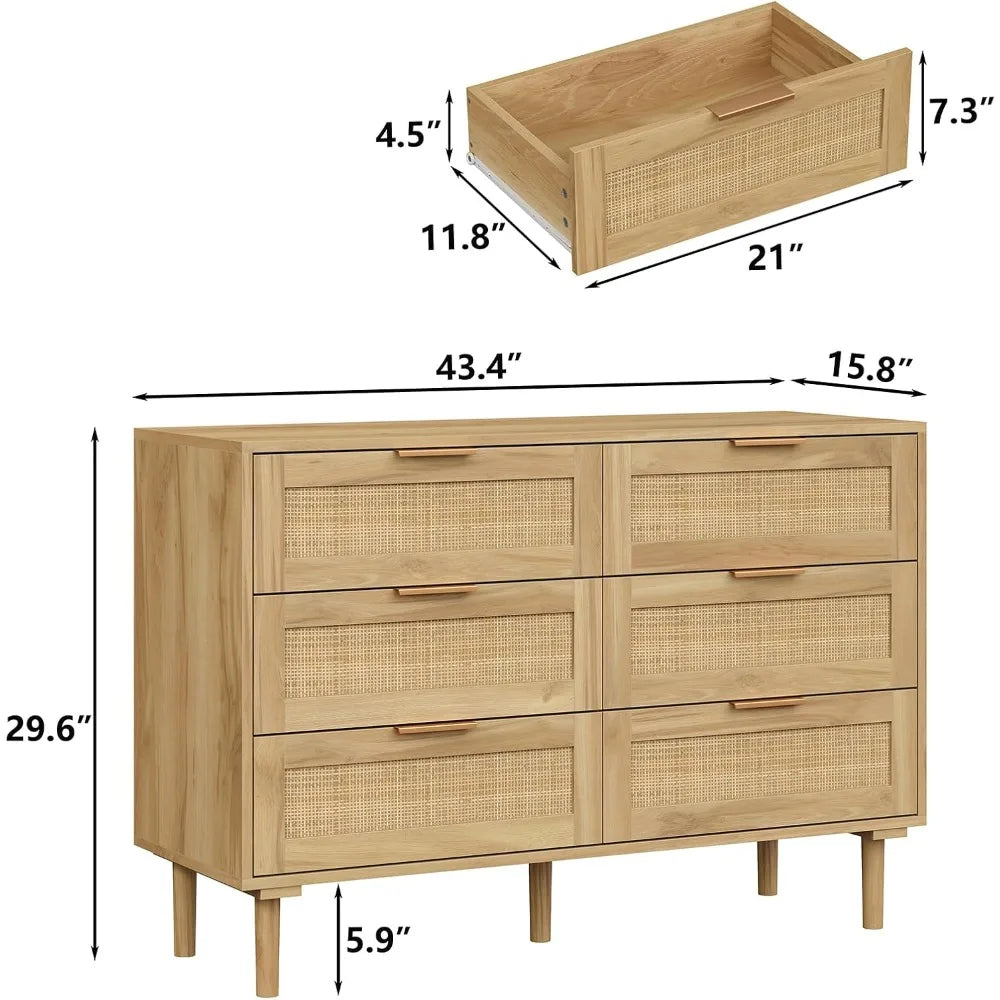 PALMER Modern Rattan 6-Drawer Wooden Dresser - 43" Wide Chest of Drawers