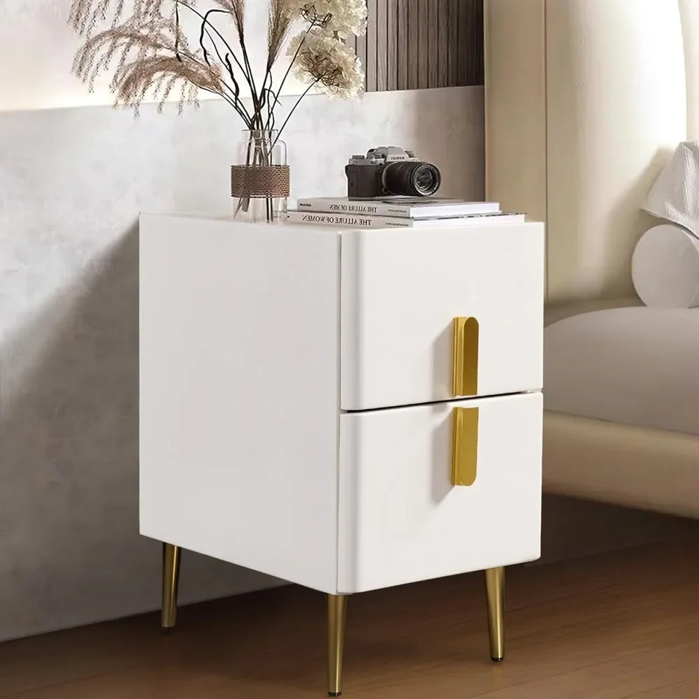 REBECCA Modern White Leather Smart Nightstand - 18'' Bedside Table with Wireless Charging & 2 Drawers
