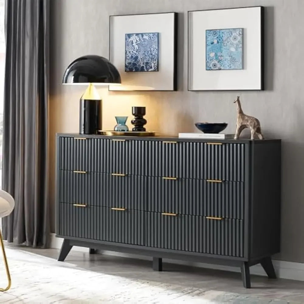MALIA Modern Fluted Chest of Drawers – Wood Storage Dresser with Gold Handles