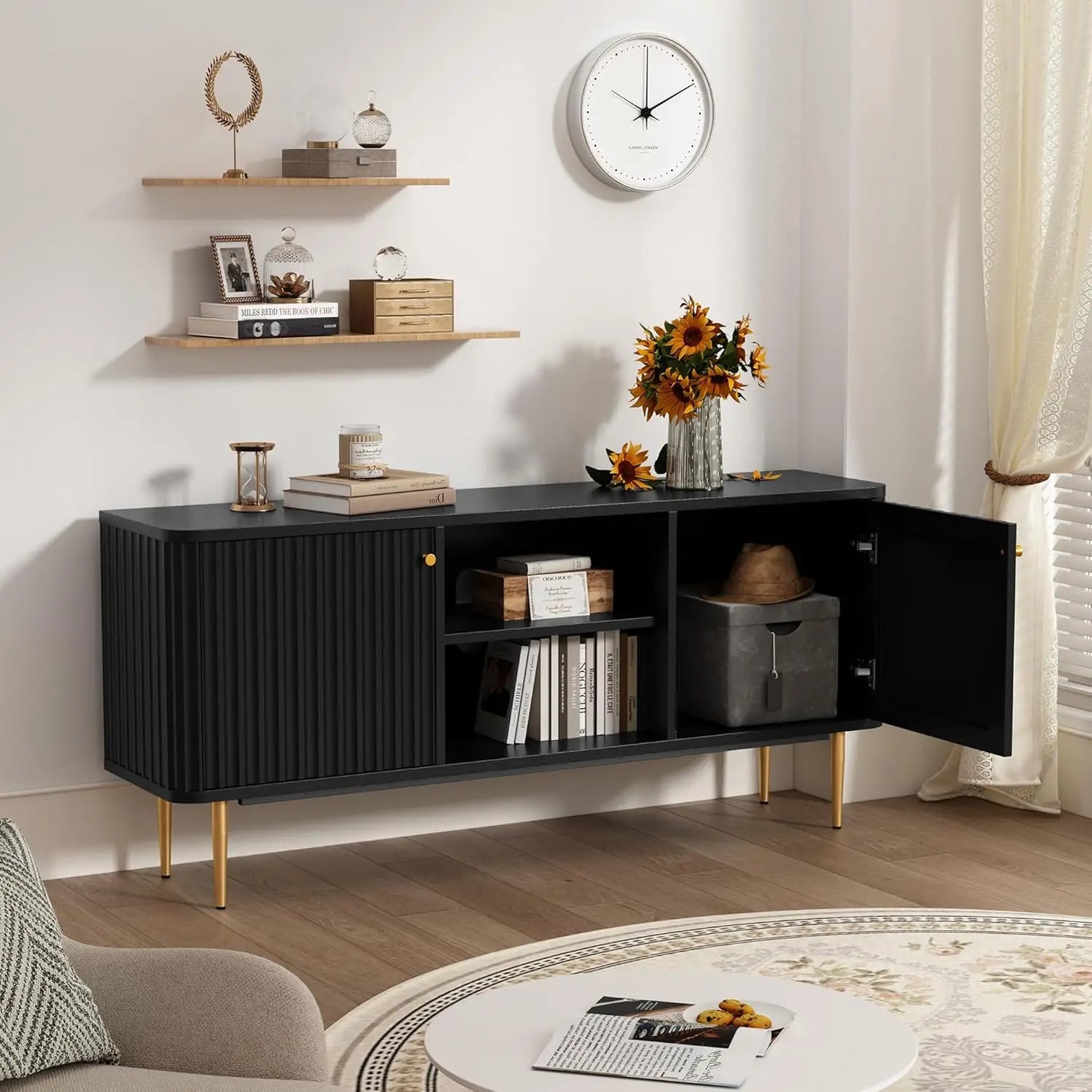 QUINN Lyra Fluted Modern TV Stand – Mid-Century Media Console Entertainment Unit – 55" W