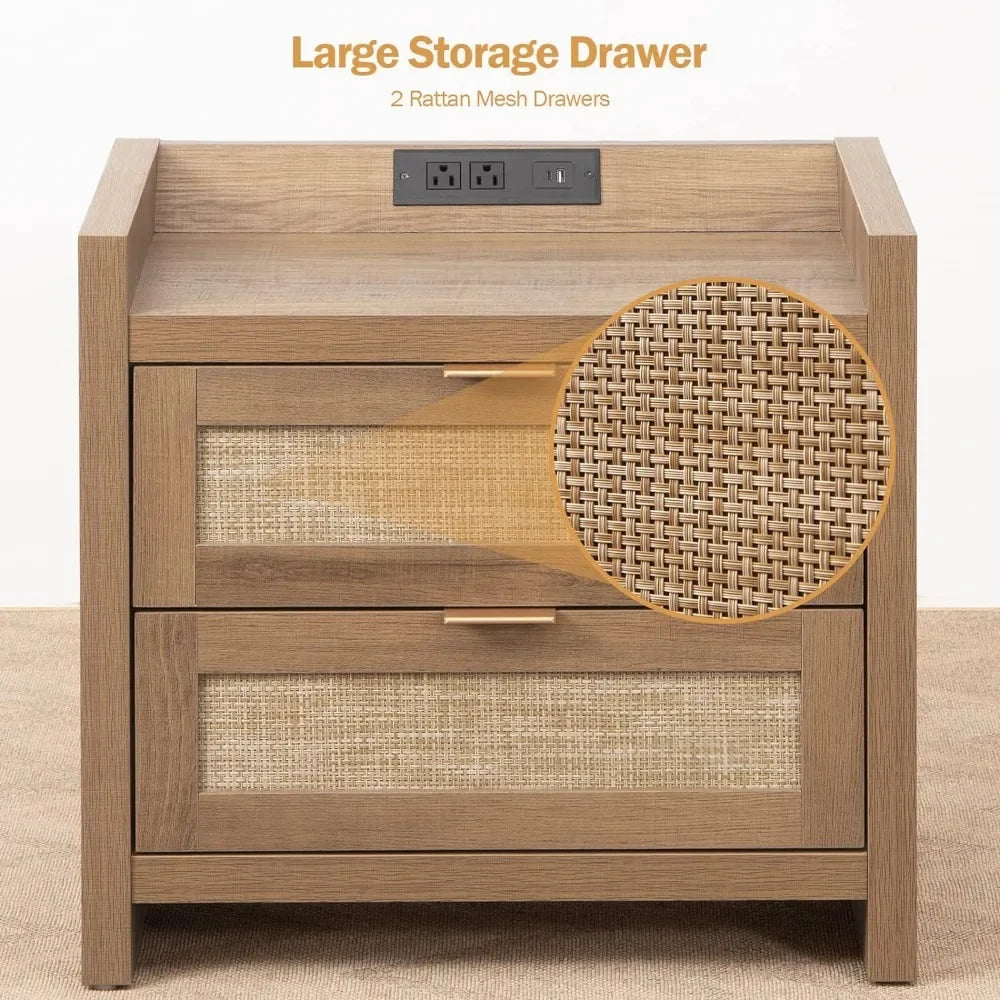 LAUREN Farmhouse Oak Rattan Nightstand Set – 23.6" Wide 2-Drawer Bedside Table with Type-C Charging Station