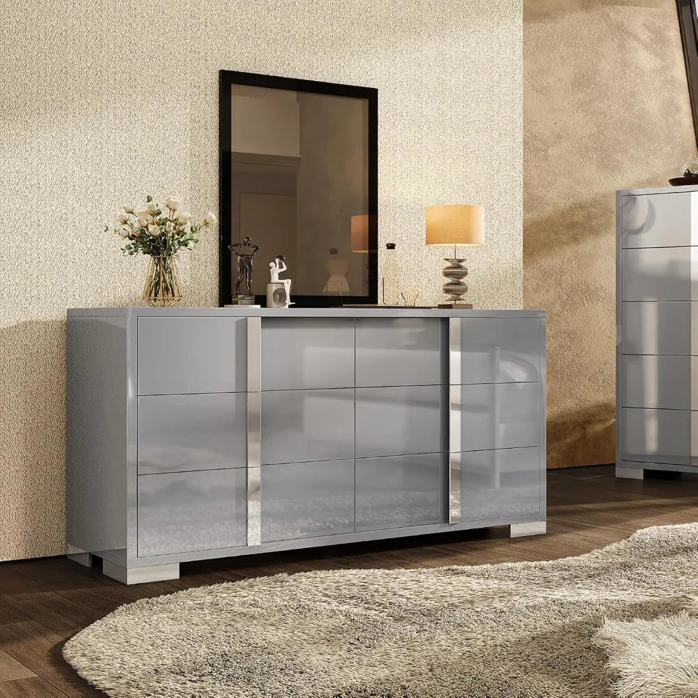 AUBREE Modern High Gloss 6-Drawer Dresser with Silver Handles - 54" W