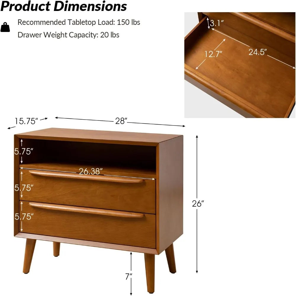 ESMERALDA Modern 28" Wide Nightstand with Charging Station, 2 Drawers & Open Shelf