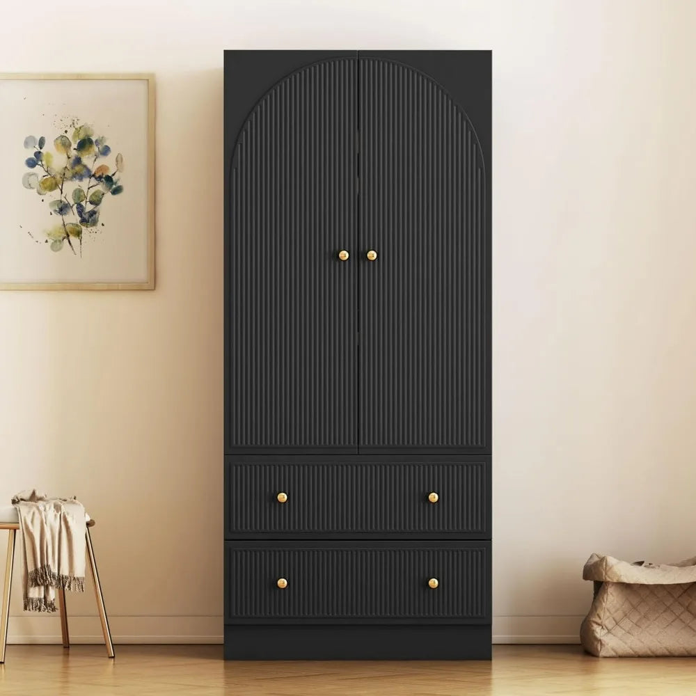 XIOMARA Modern Arched Groove Wardrobe Armoire – Freestanding 2-Door Closet with Drawers & Hanging Rod