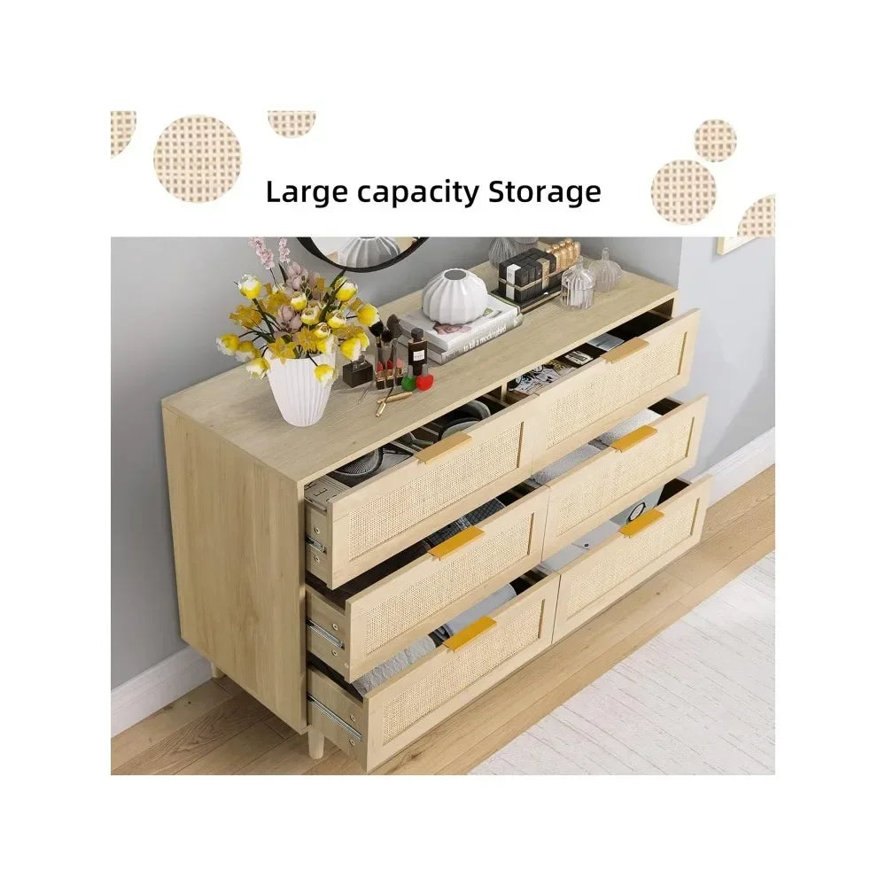 ELIANNA Modern Rattan 6-Drawer Dresser - 43.3" Wide Wood Storage Chest