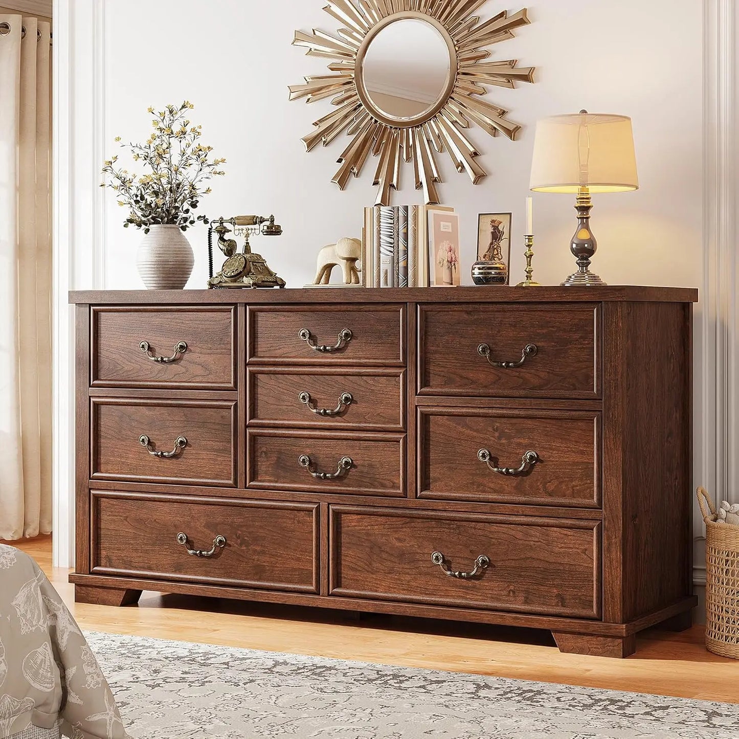 ARABELLA Farmhouse 9 Drawer Wood Dresser - Rustic Chest of Drawers, 52'' Wide