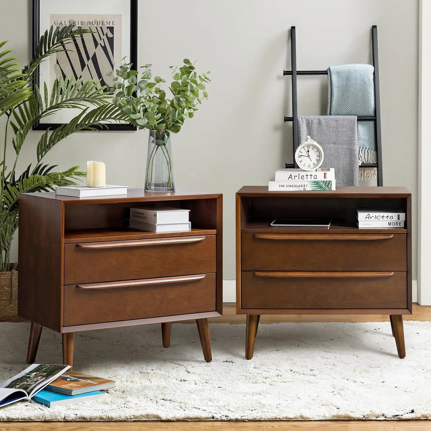 ESMERALDA Modern 28" Wide Nightstand with Charging Station, 2 Drawers & Open Shelf