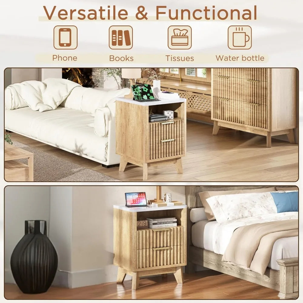 LUCIANA Fluted Farmhouse Nightstand Set of 2 with Charging Statio