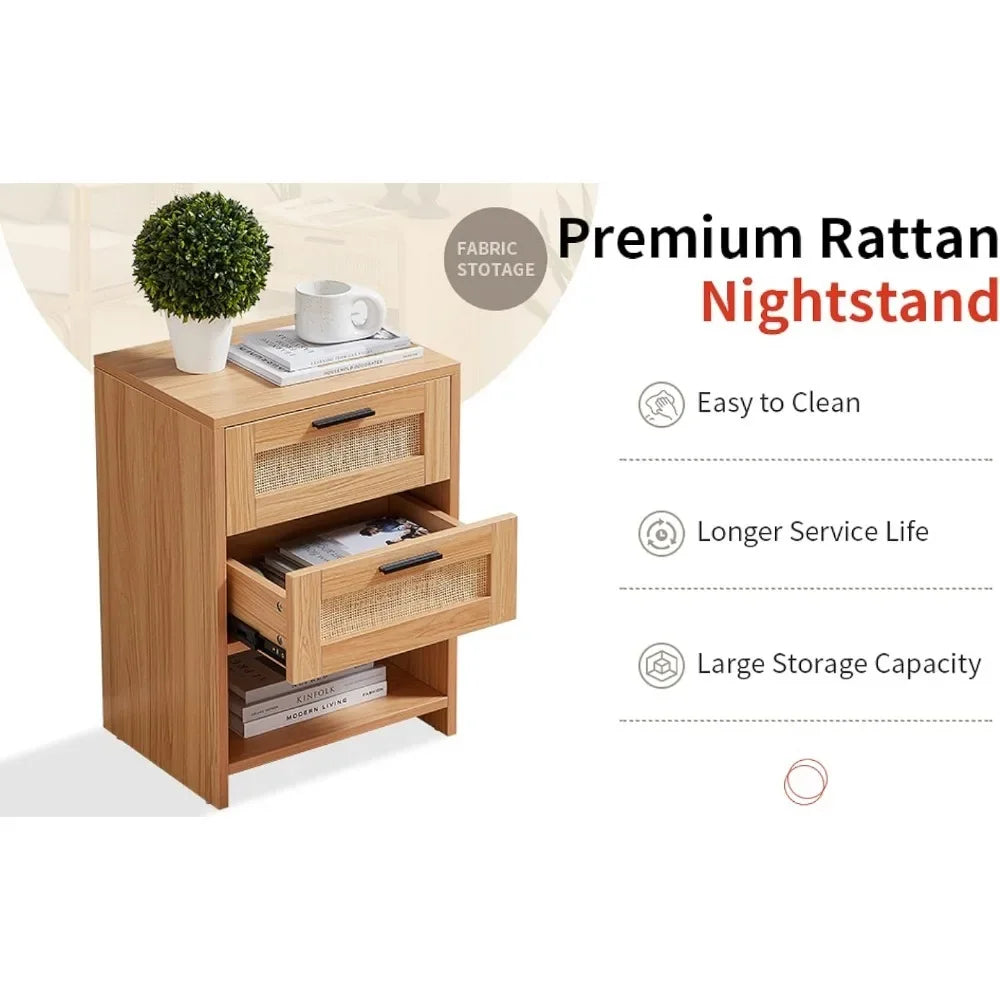 MALANI Modern Rattan Nightstand with 2 Drawers & Open Storage – 17.3" Wide Bedside Table