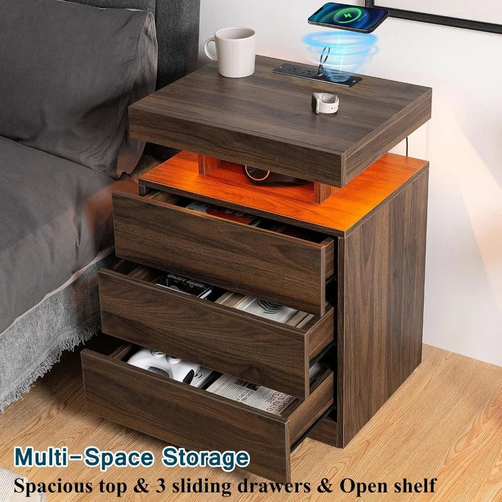 ROSEMARY Nightstand with Wireless Charging Station – 19.7" Wood LED Bedside Table with 3 Drawers