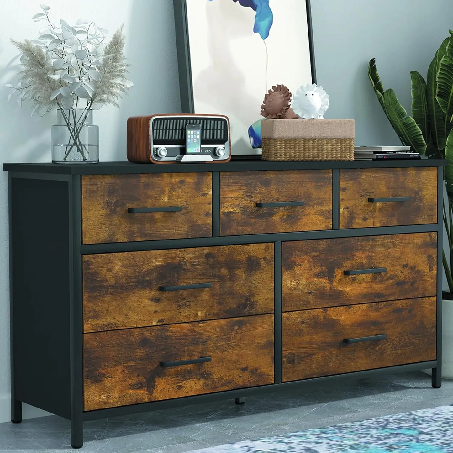DAHLIA Rustic Industrial 7-Drawer Wood Storage Dresser - 47.2" Wide