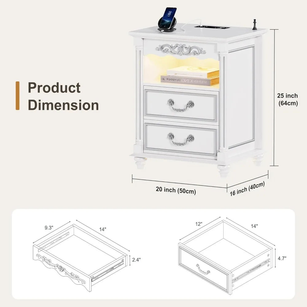 NICOLE Wooden Bedside Table with Wireless Charging & LED Lights - 24''