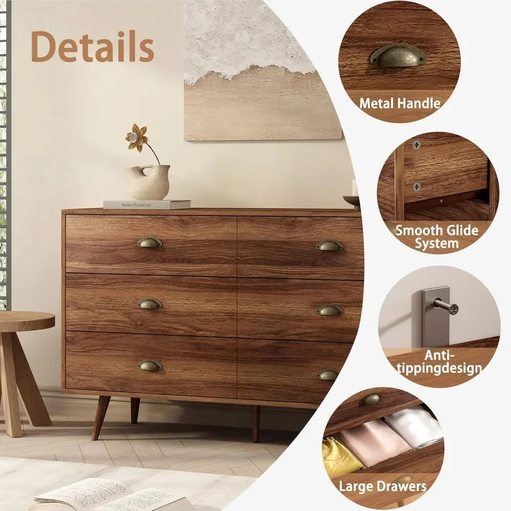 RACHEL Mid-Century Modern 6-Drawer Wood Dresser with Gold Handles - 47.24'' Wide