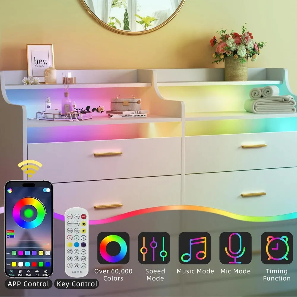DAKOTA Modern LED Bedroom Dresser – 6 Drawer Storage Chest with Open Shelf & RGB Lights | 49'' W
