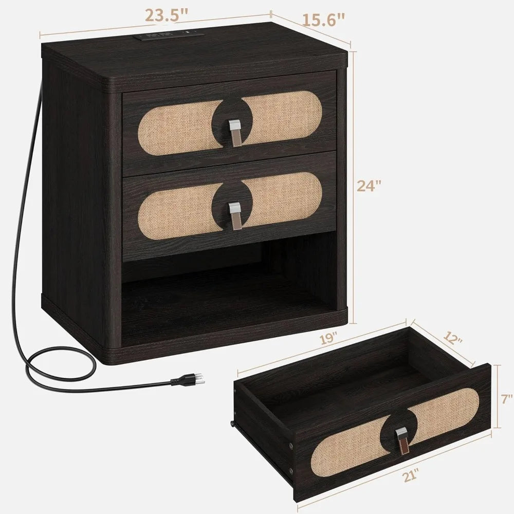 ANNABELLE Modern Linen-Decor Nightstand Set - 24'' Wide Bedside Table with Charging Station