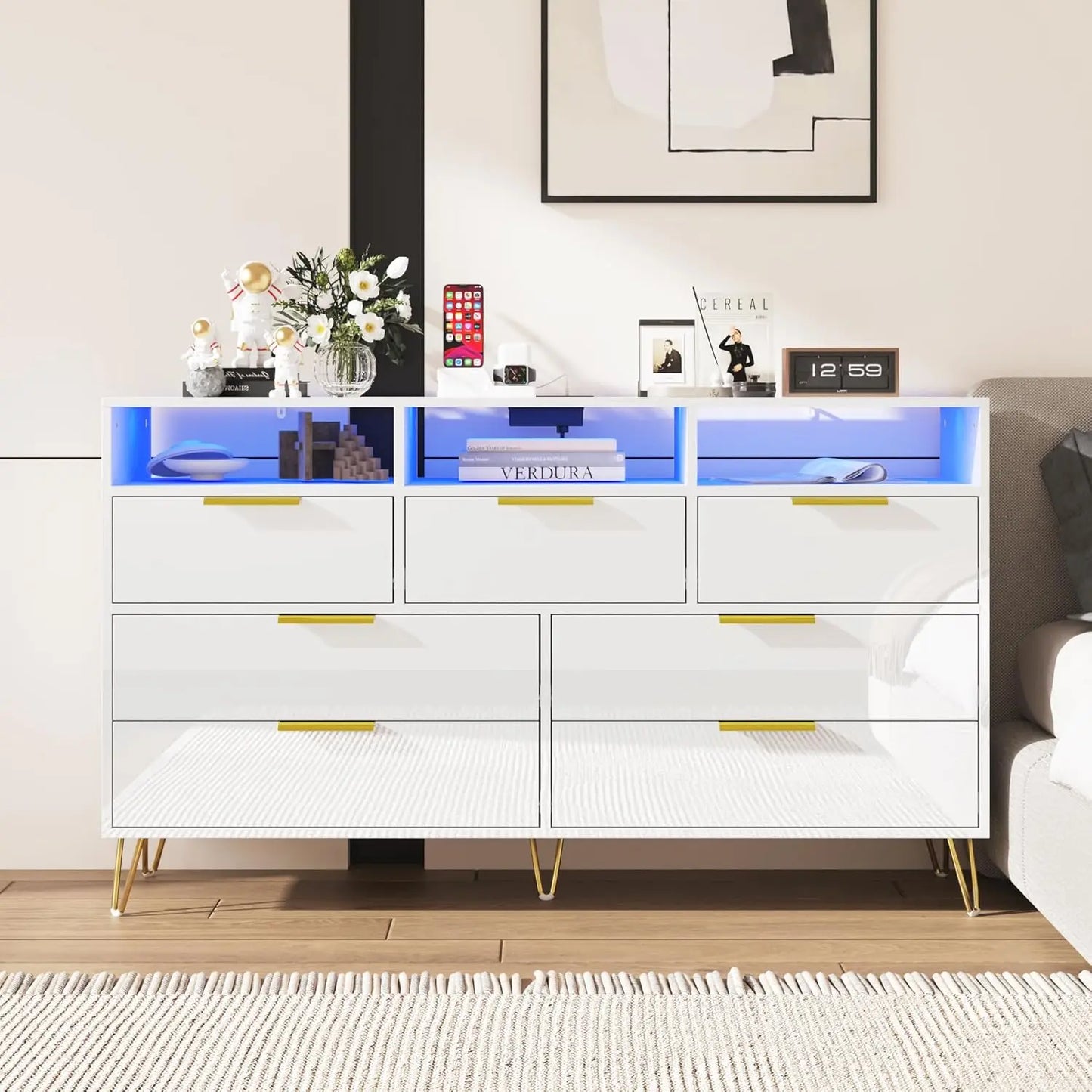 LOLA Modern High Gloss LED Dresser – 6 Drawer Chest with Gold Legs & Open Storage | 55.1'' W