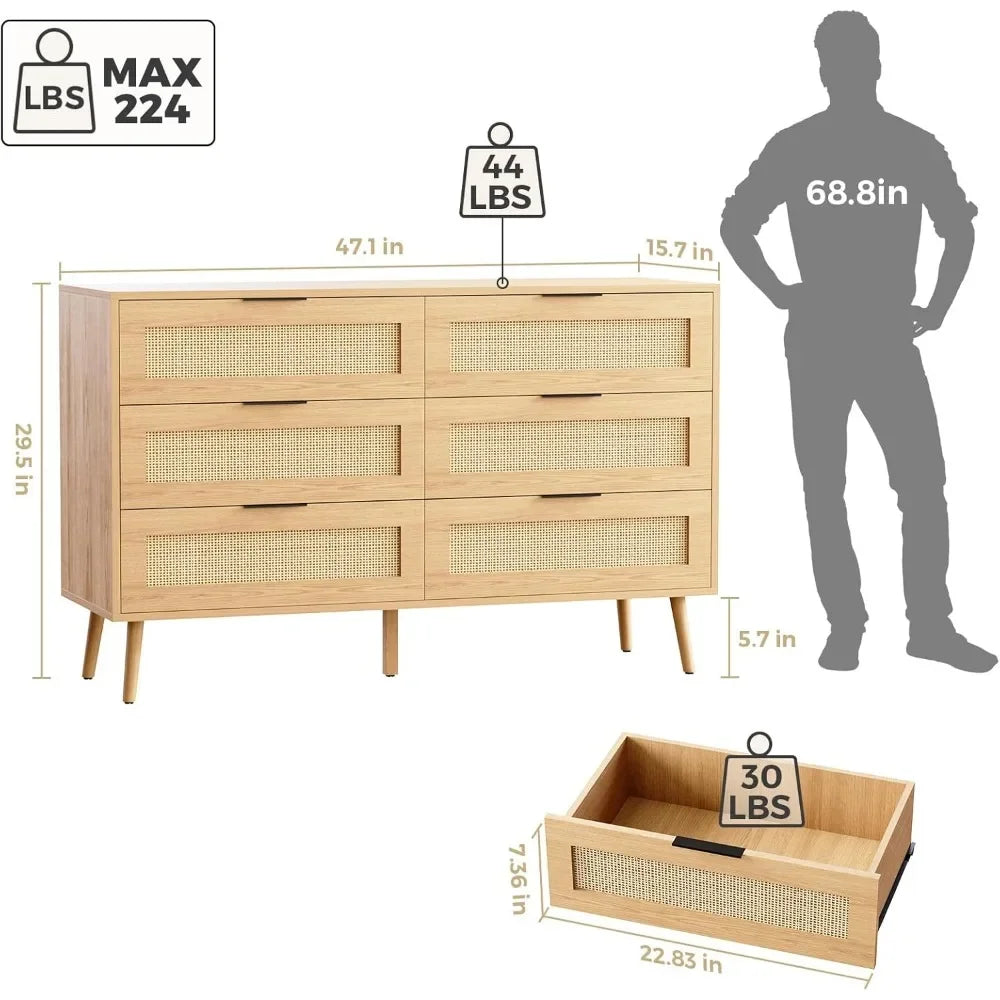 ALAINA Mid-Century Rattan 6-Drawer Double Dresser - 47.1''