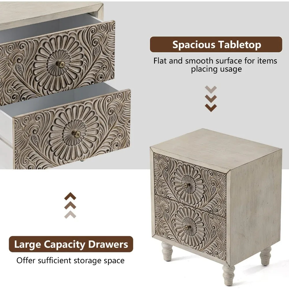 HOPE Vintage Floral Carved Wooden Nightstand Set – 18" Wide Bedside Table with 2 Drawers