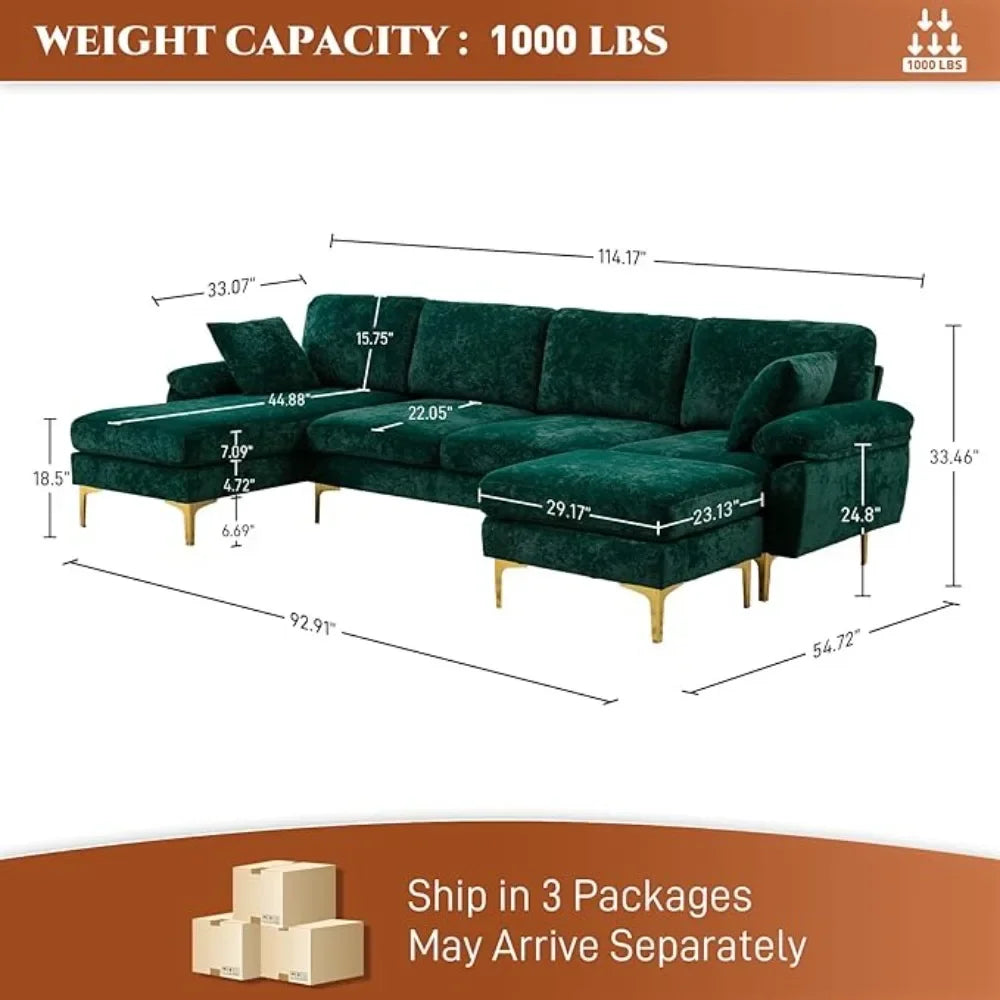 RYKER Modern Velvet U-Shaped Sectional Sofa with Chaise & Ottoman – Sectional Couch – 114.17" W