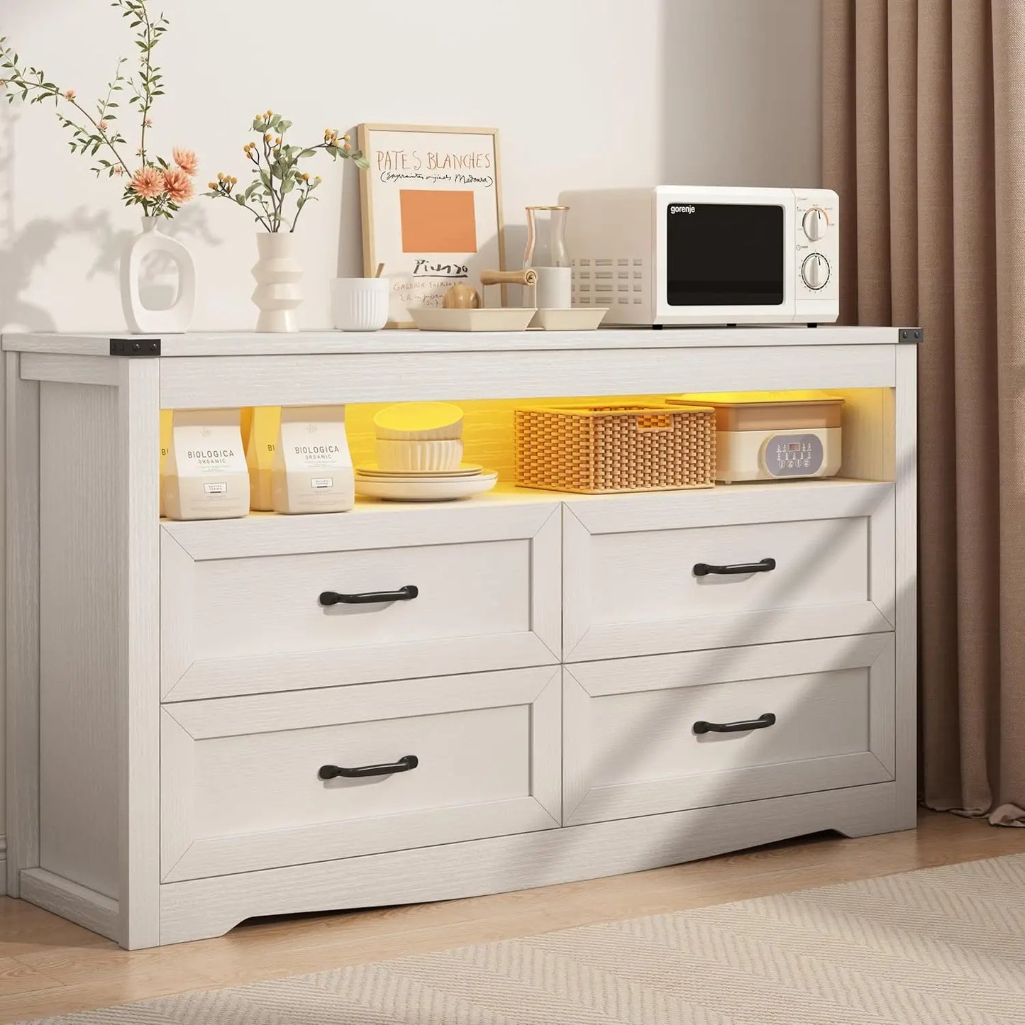 EVIE Rustic LED Bedroom Dresser – 4 Drawer Wooden Storage Chest with Open Shelf | 47.2'' W